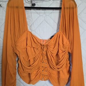 PrettyLittleThing Bright Orange Ruched Lace-Up Crop Top Long Sleeve Sz 1X